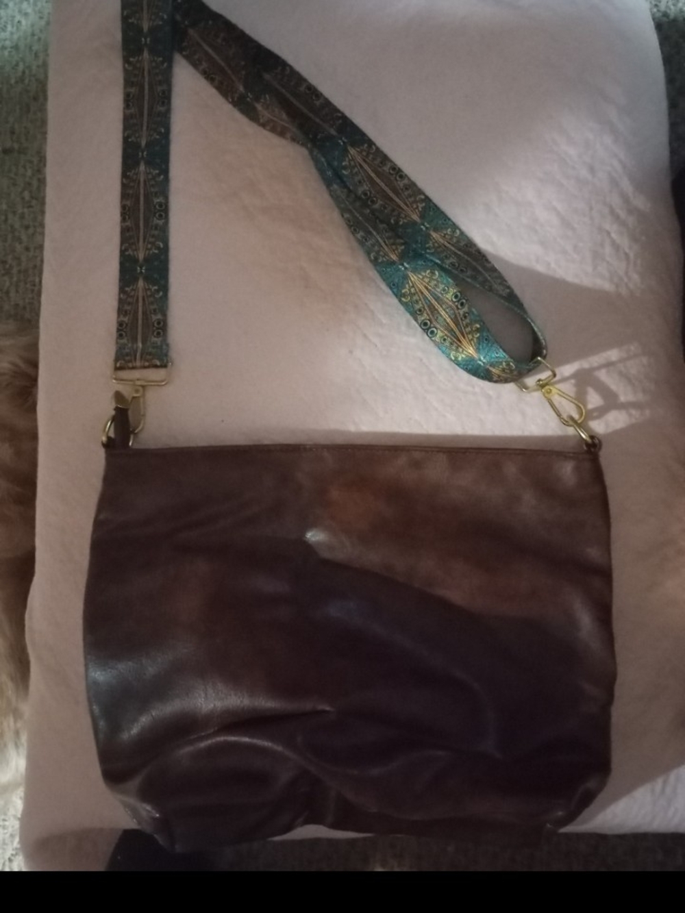 Leather Crossbody Bag with Patterned Strap - Brown